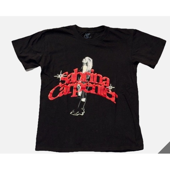 Sabrina Carpenter Official Tops - Sabrina Carpenter Graphic T-Shirt Womens Large- Black Red Puff Print Logo Merch